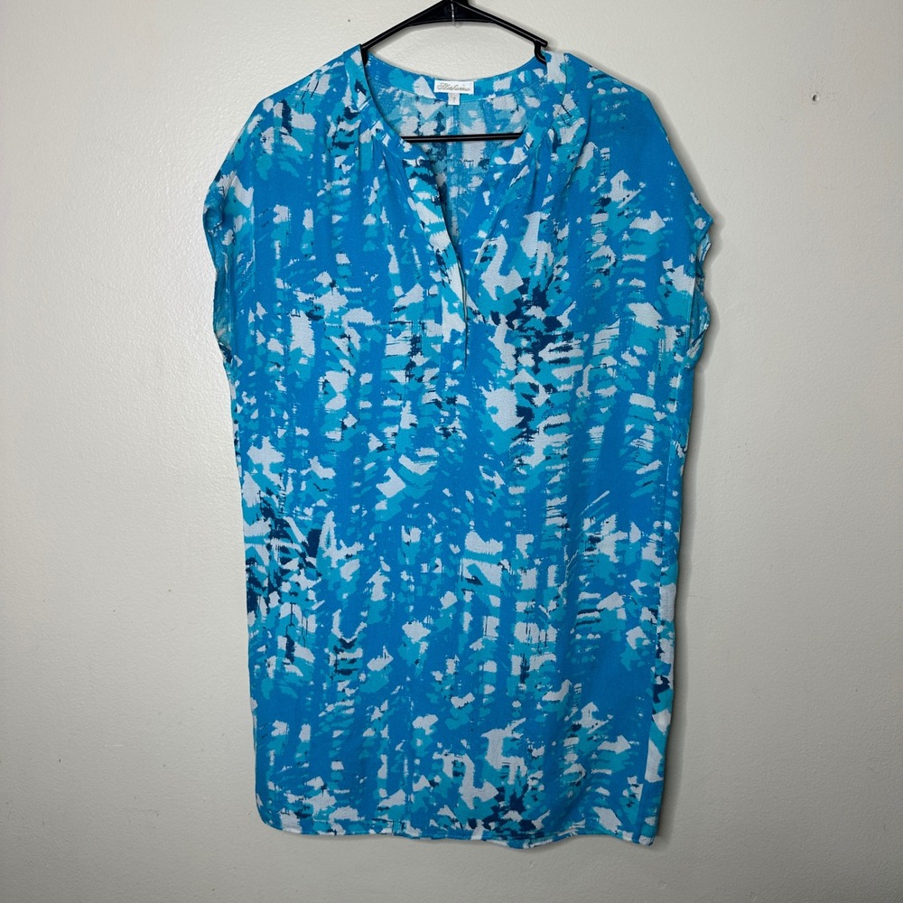 Shoshanna Mini Dress Tonic Blouse Blue Abstract Print Silk Cotton Split Neck 2